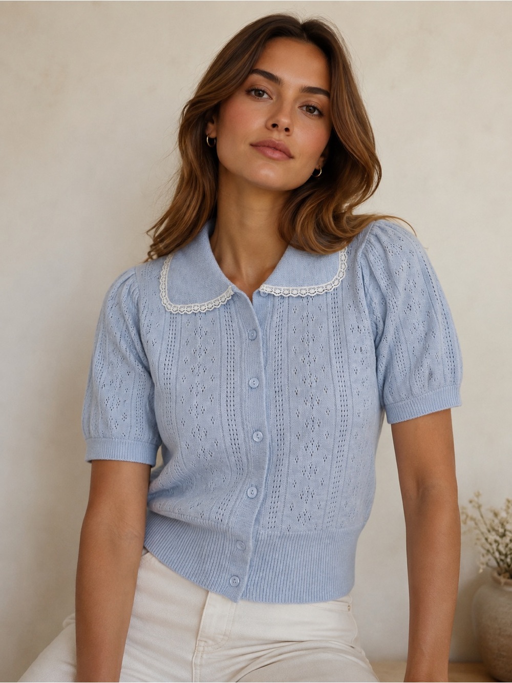 Vintage-Inspired Baby Blue Knit Cardigan Top size XS